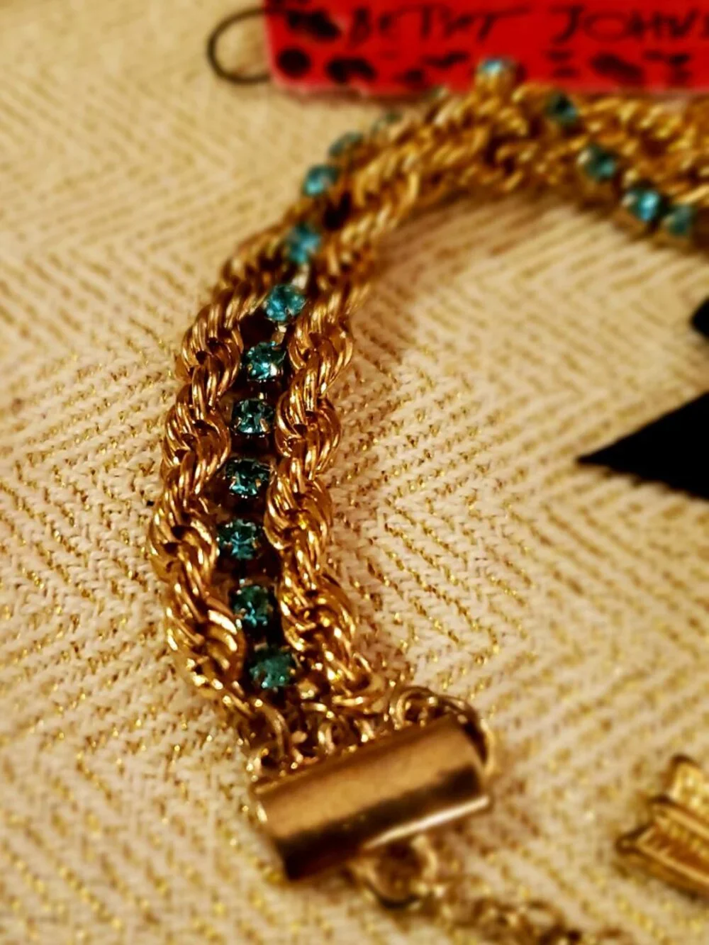 Blue Crystal & Black Bow Charm Bracelet – Gold Tone Multi-Strand Betsey Johnson